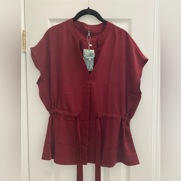 NEW CiCiBird Button Down Casual Peplum Top - Deep Red /maroon - size M - Picture 4 of 9